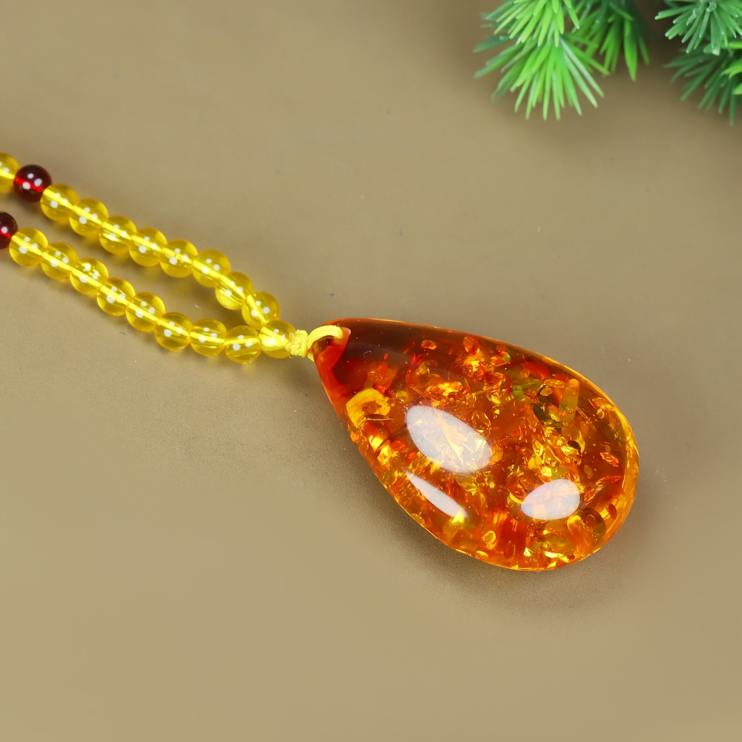 Unisex Yellow Amber Flower Drop Pendant Necklace, Elegant